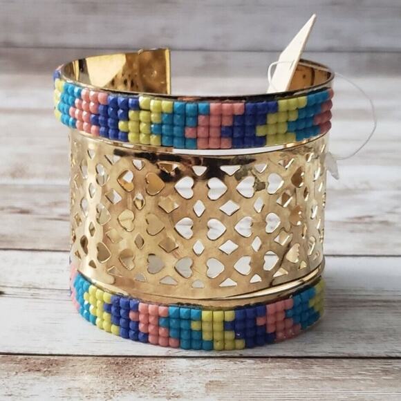 Large Statement Bracelet Cuff - Chunky Gold Tone with Beaded Multi Color Detail - Picture 1 of 4